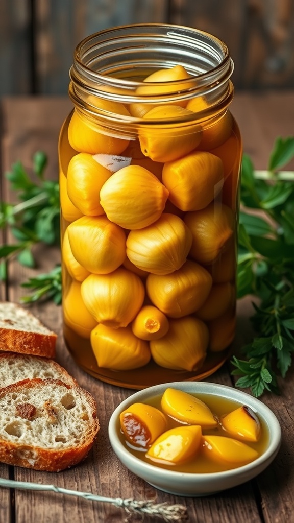 A jar of garlic confit with garlic cloves in olive oil, accompanied by crusty bread on a wooden table.